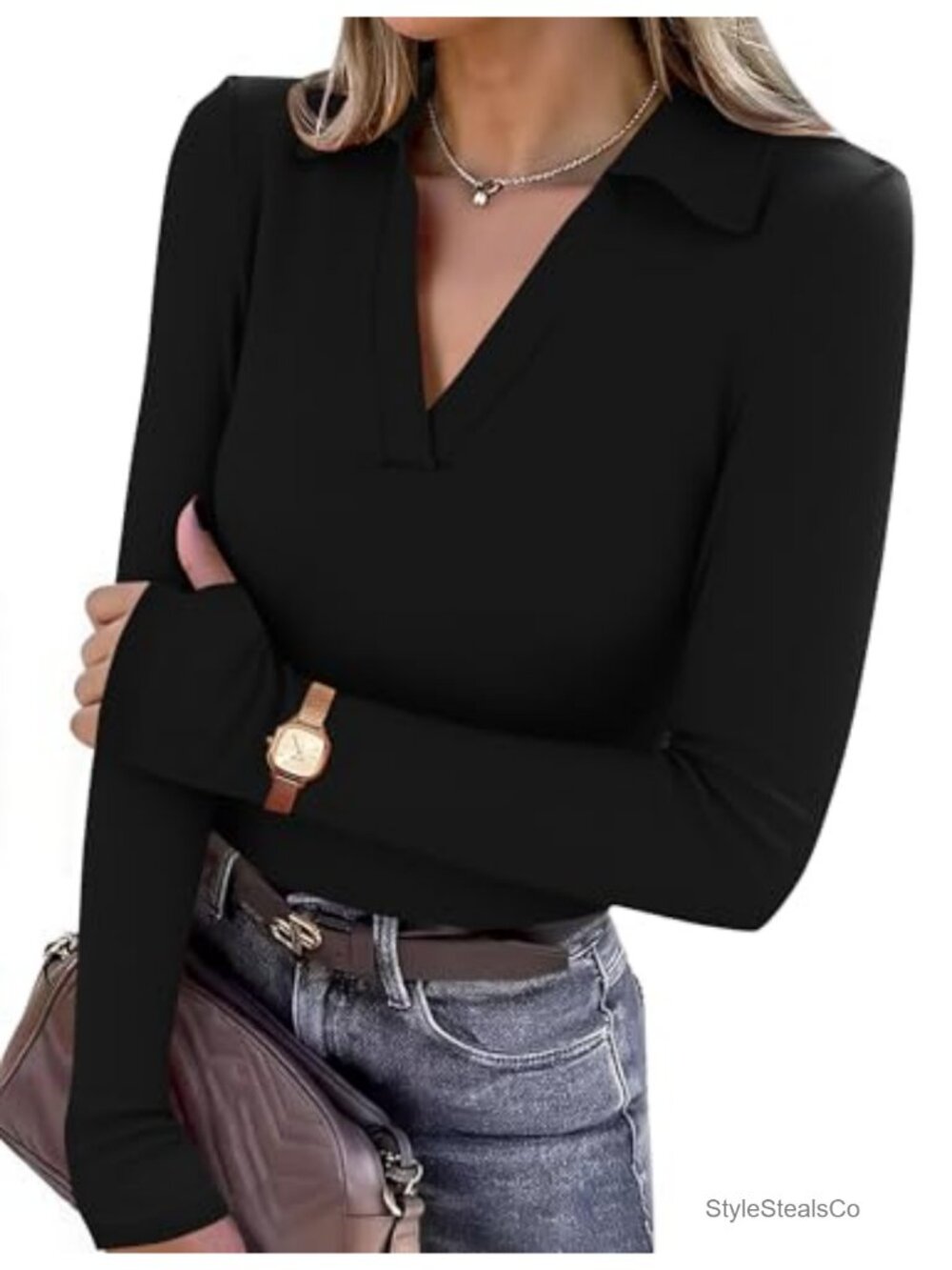 Womens Ribbed Long Sleeve Sweater Shirt Deep V Neck Polo Thumb Holes Slim Fit